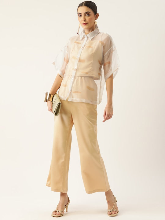 Women Off White Printed Solid Polyester Collared Co-Ord Set