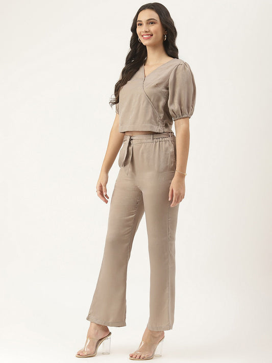 Women Grey Solid Polyester V-Neck Co-Ord Set