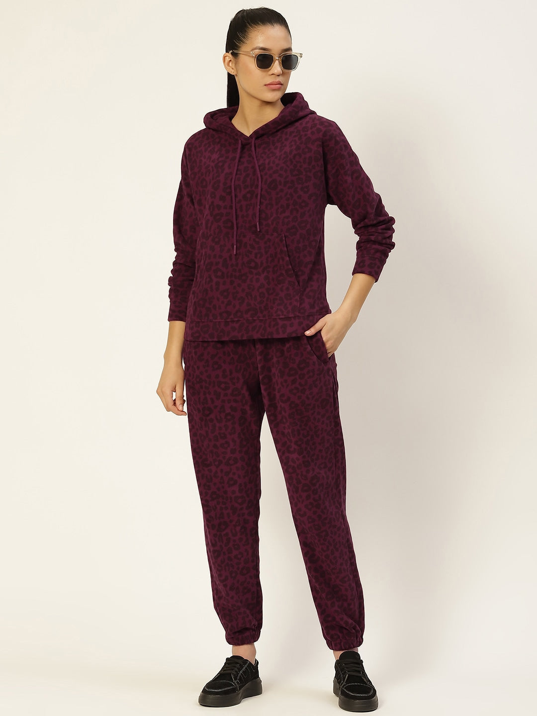 Women Wine Leopard Print Polar Fleece Hood Co-Ord Set