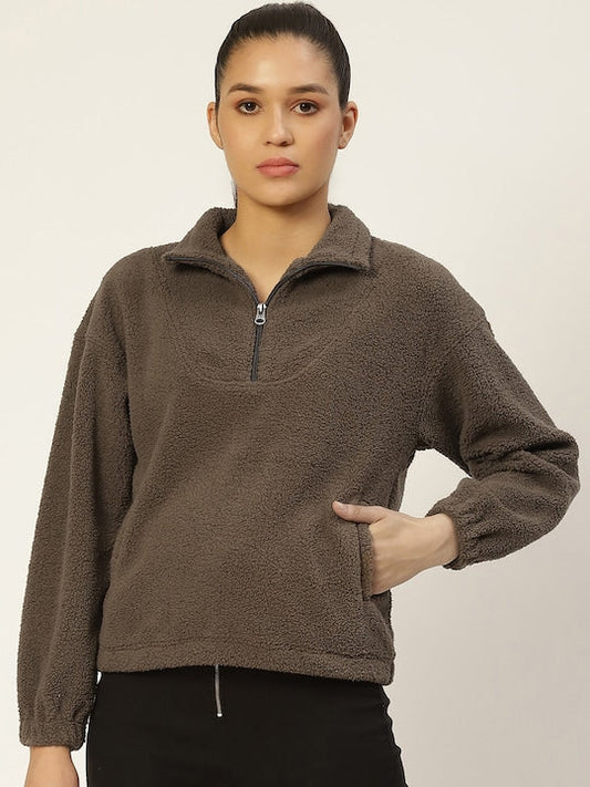 women khaki solid sherpa high neck sweatshirt