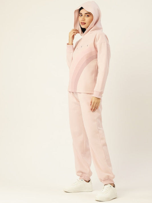 Women Baby Pink Print Fleece Hood Co-Ord Set
