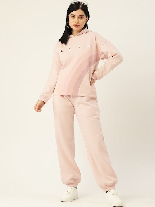 Women Baby Pink Print Fleece Hood Co-Ord Set