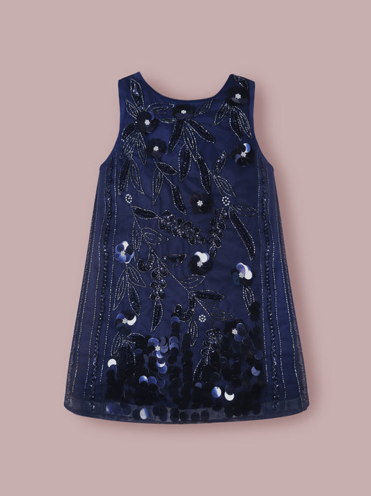 Girls Navy Blue Sequin Appliqué Dress – Sleeveless Party Wear