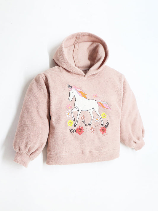 Cherry Crumble Salmon Solid Full Sleeves Hooded Loose Fit Applique Sweatshirt