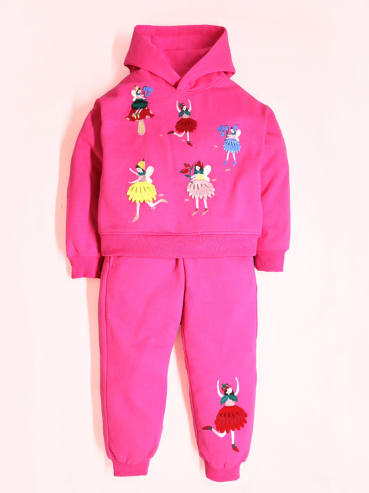 Cherry Crumble Pink Solid Applique Embroidered Sweet Classic Winter Sweatshirt Set