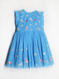 Cherry Crumble Cotton Blend Blue Round neck with Zipper Closure embroidered Fit & Dress Flare For Girls 