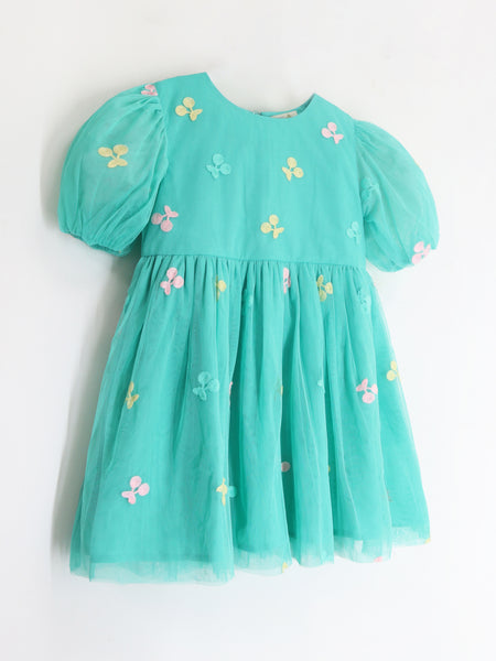 Smart Casual Sea Green Embroidered Cotton Blend & Frill Sleeves with Zipper  Closure Fit & Flared Summer Dress For Girls