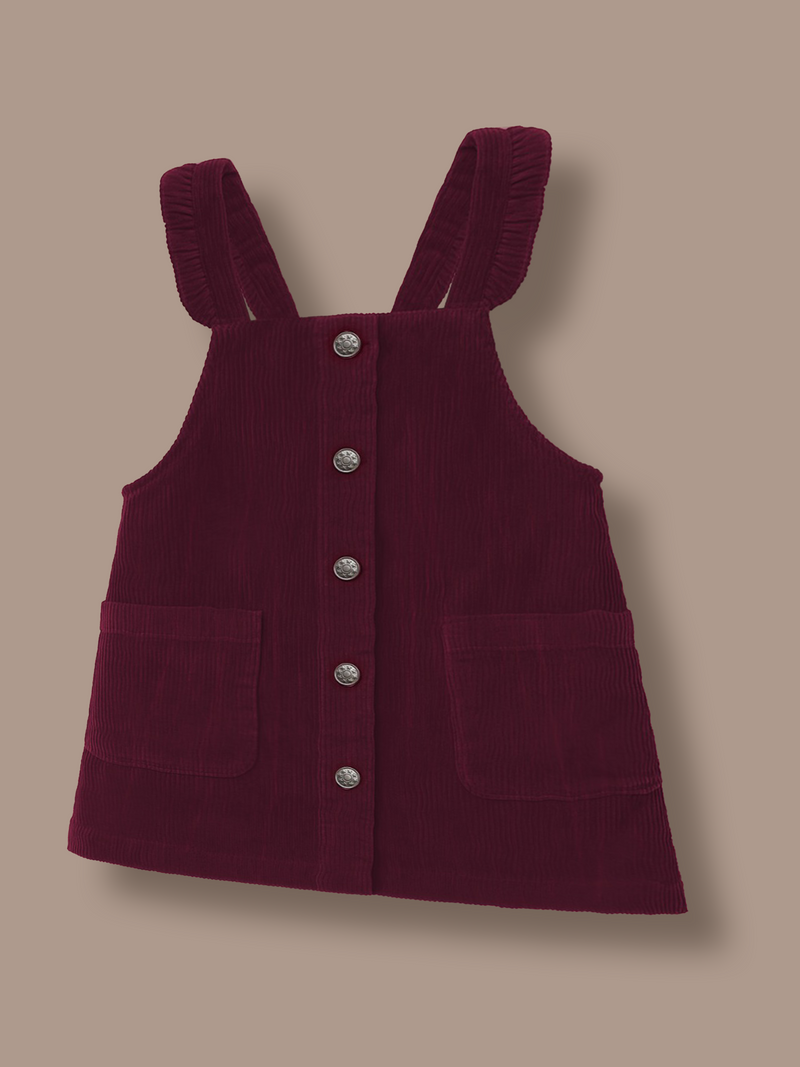 Add a splash of charm and comfort to your little girl's summer wardrobe with the Cherry Crumble Wine Dungaree Dress, thoughtfully crafted for style and play. Made from 100% breathable cotton.