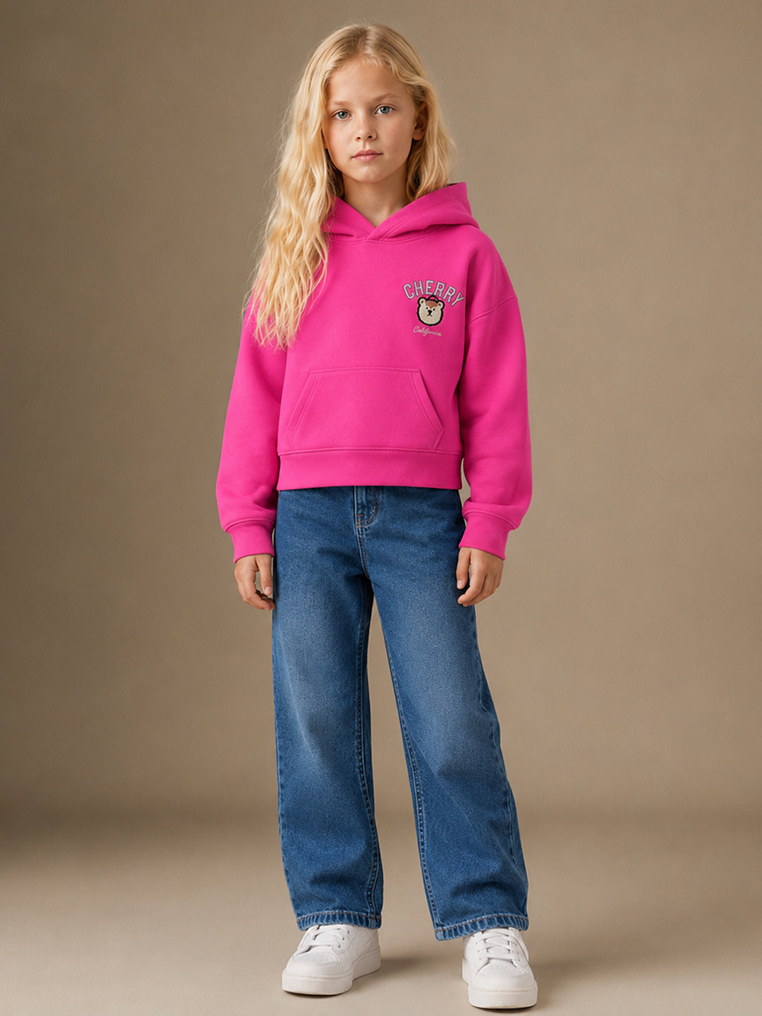 Cherry Crumble Girls Pink Solid Polyester Straight Hoodi