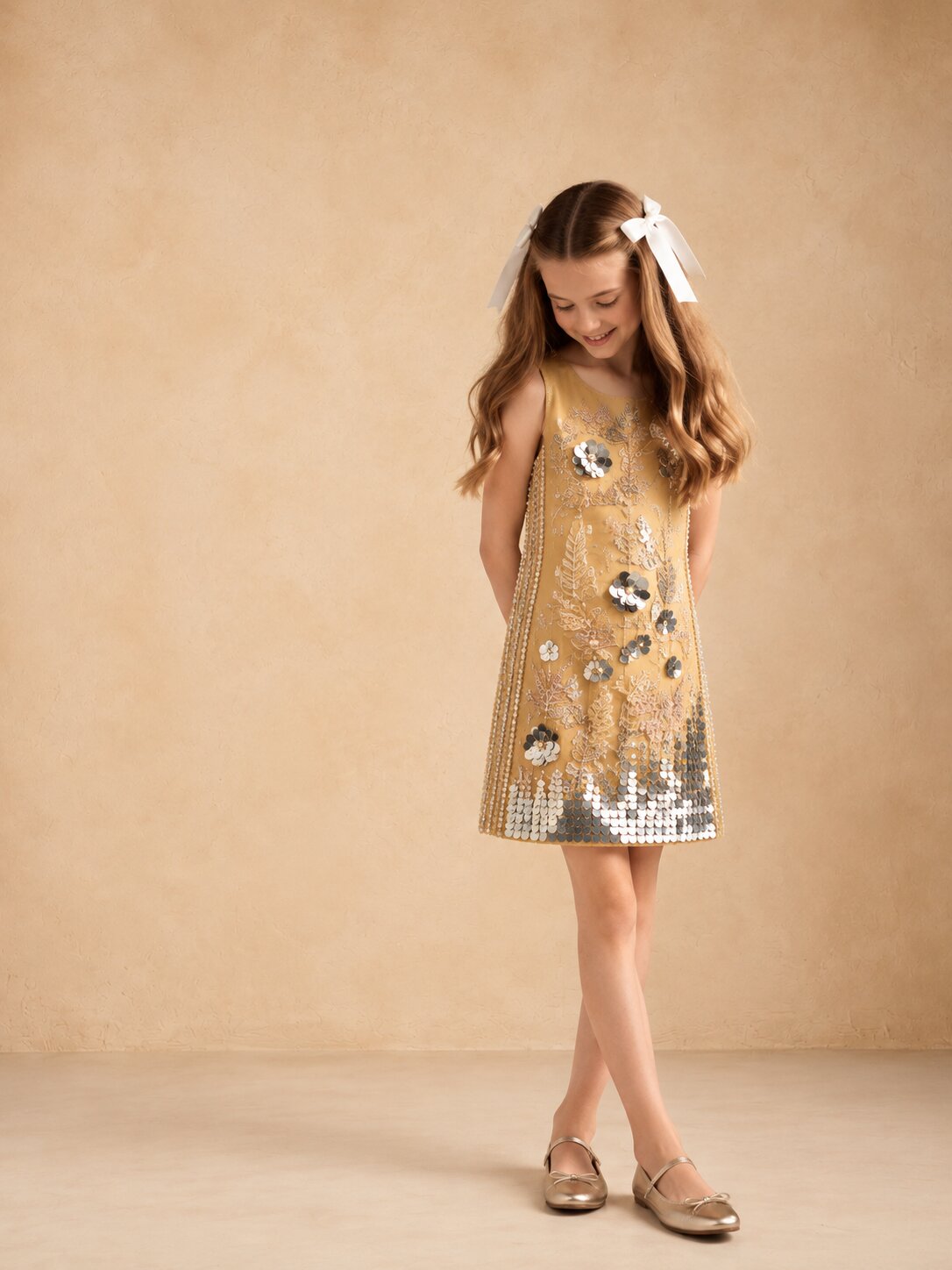 Girls Beige Sequin Embellished Party Wear Dress
