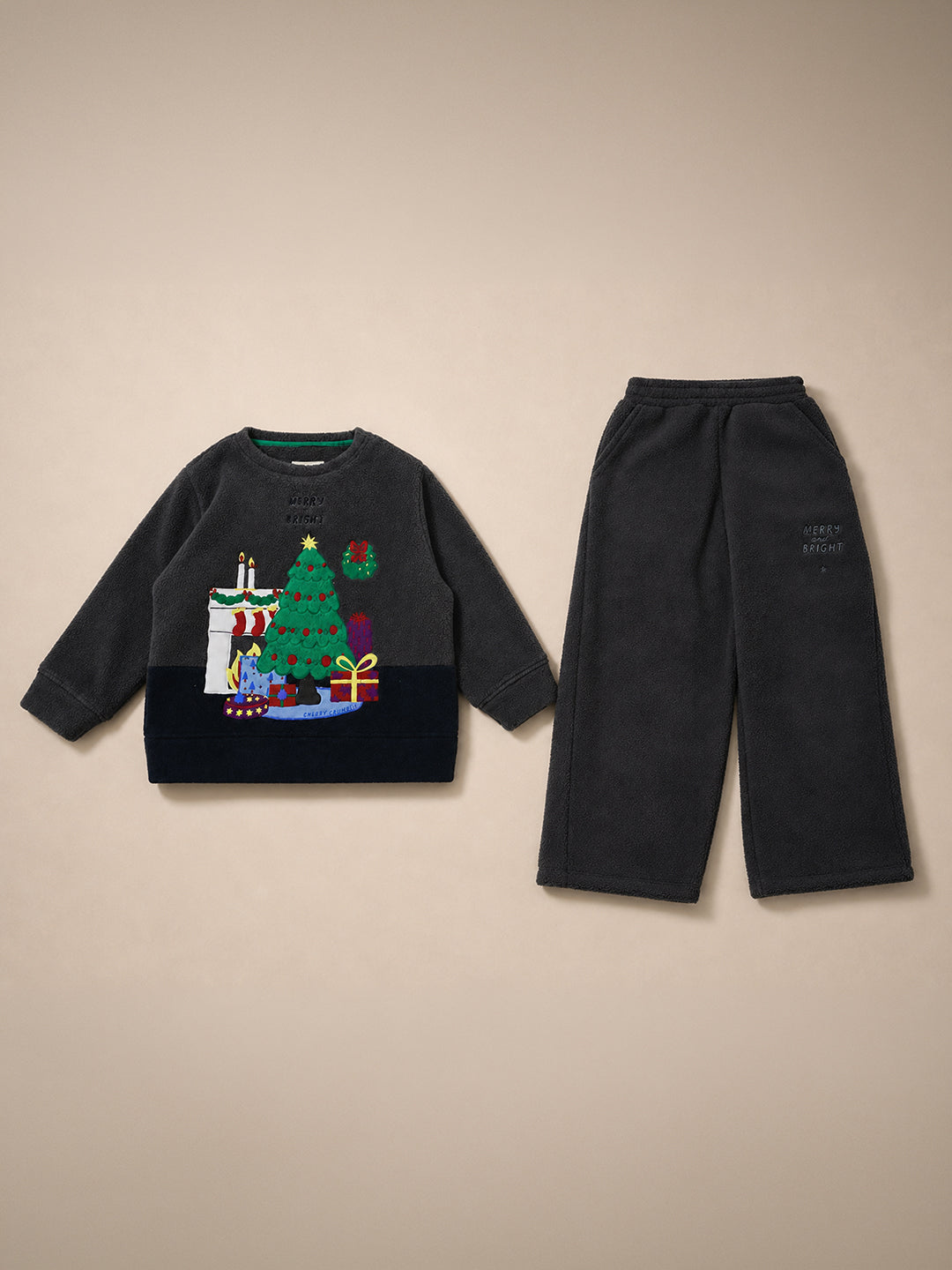 Cherry Crumble Girls Dark Grey Solid Polyester Night Suit