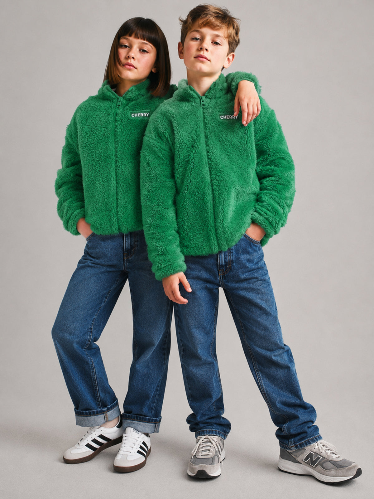 Kids Unisex Green Teddy Fleece Zip-Up Jacket