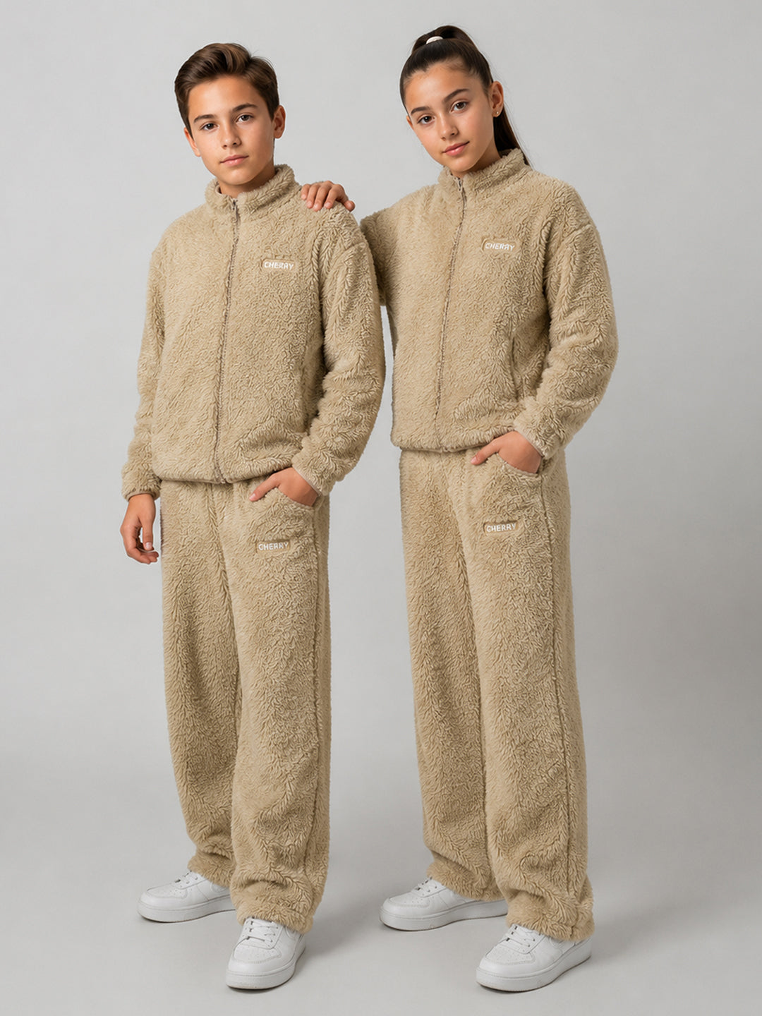 Unisex Kids Beige Teddy Fleece Winter Co-ord Set