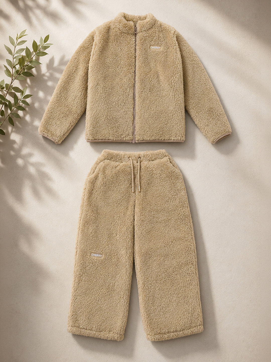 Unisex Kids Beige Teddy Fleece Winter Co-ord Set