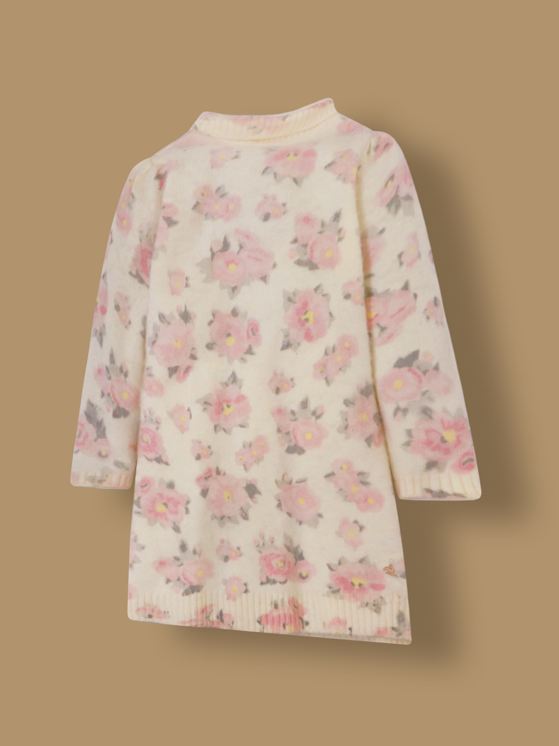 Brighten up your girl's winter wardrobe with the Cherry Crumble Multicolor Allover Print Sweater Dress, a perfect blend of warmth, comfort, and playful design.