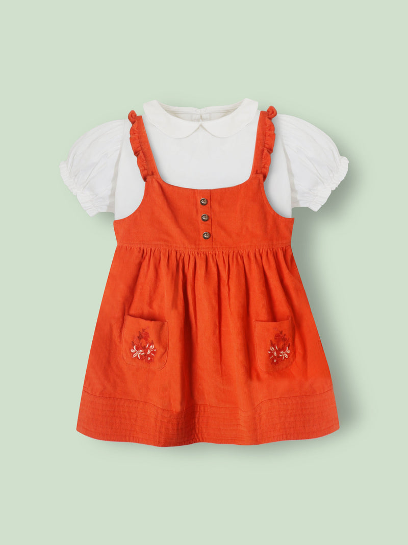 Bring vibrant charm to your girl’s summer wardrobe with the Cherry Crumble Orange Vertical Lines Summer Dungaree Dress. this dress promises breathability and comfort, perfect for warm weather.