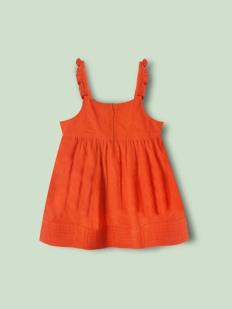 Bring vibrant charm to your girl’s summer wardrobe with the Cherry Crumble Orange Vertical Lines Summer Dungaree Dress. this dress promises breathability and comfort, perfect for warm weather.