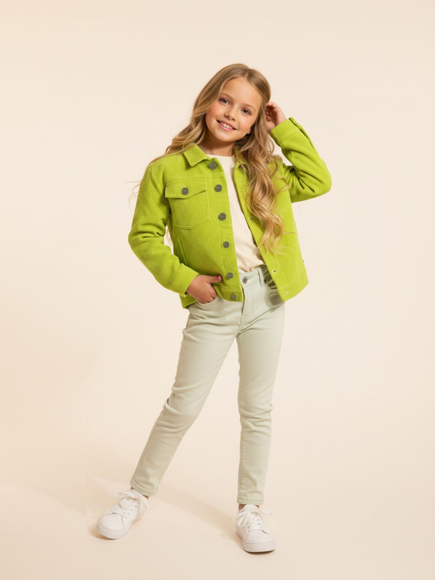 Cherry Crumble green button-front winter jacket for kids
