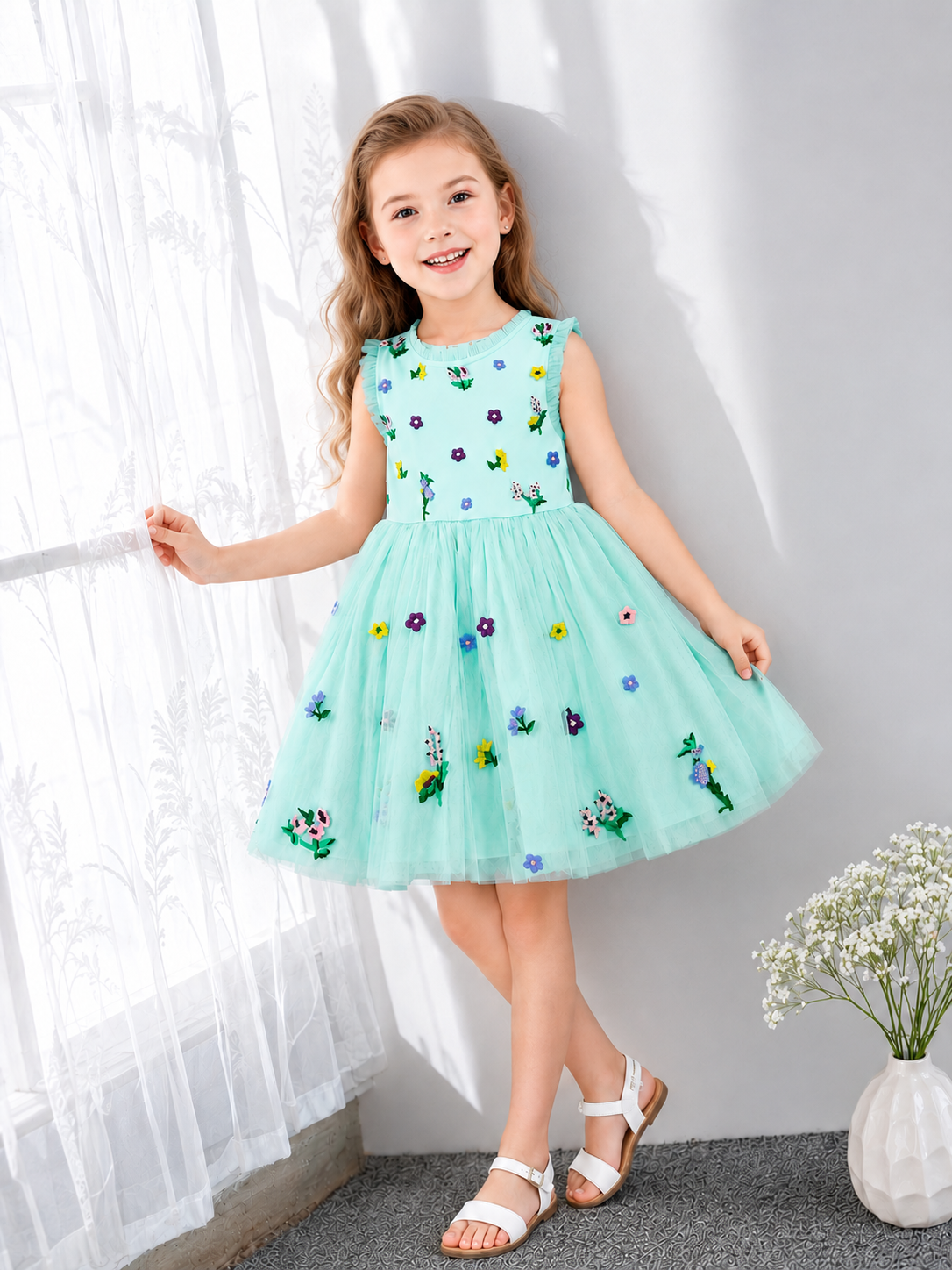Girls Blue Embroidered Sleeveless Fit & Flare Dress
