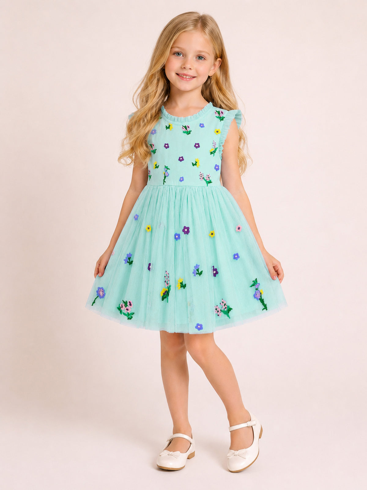 Girls Blue Embroidered Sleeveless Fit & Flare Dress