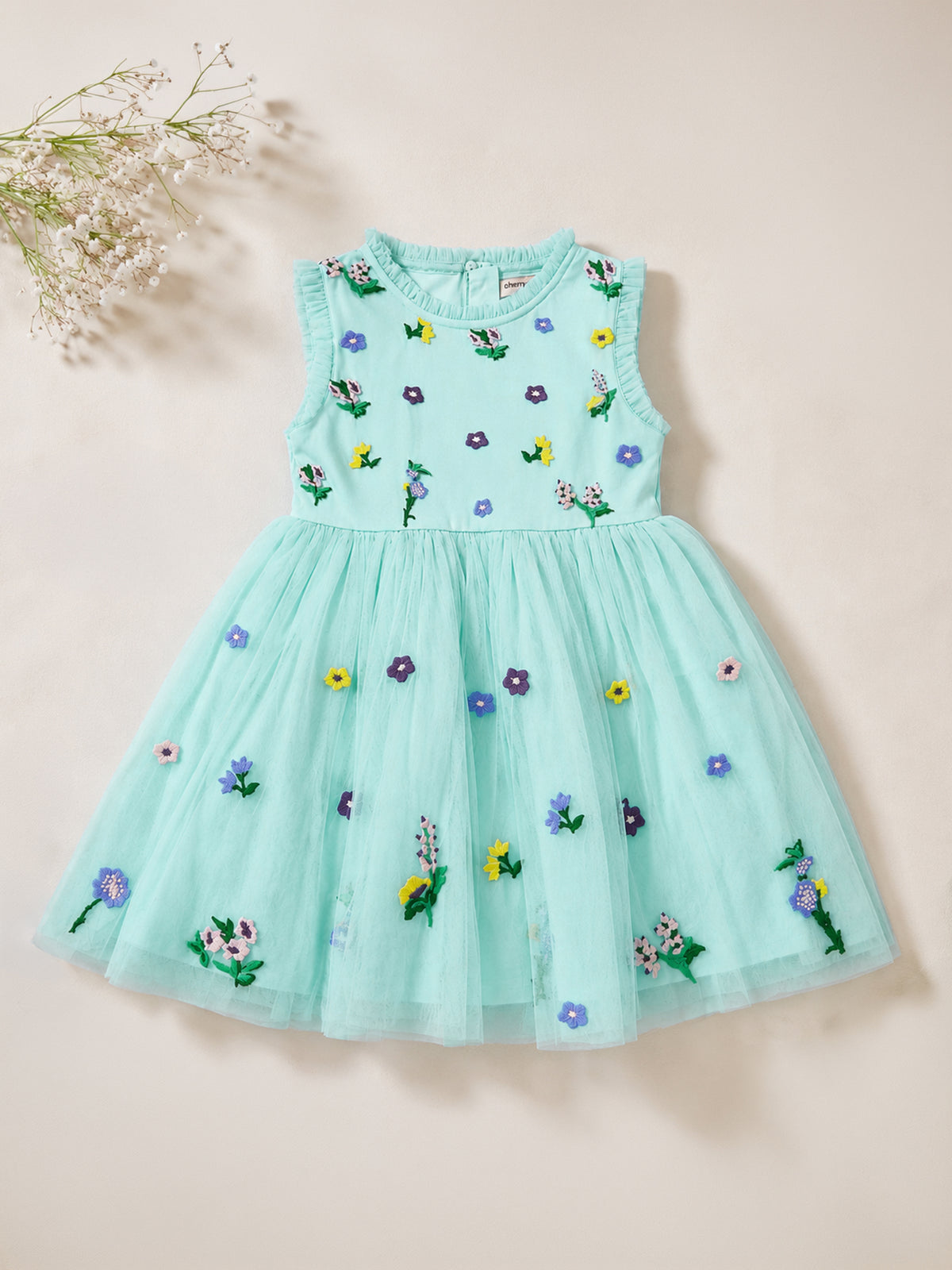 Girls Blue Embroidered Sleeveless Fit & Flare Dress