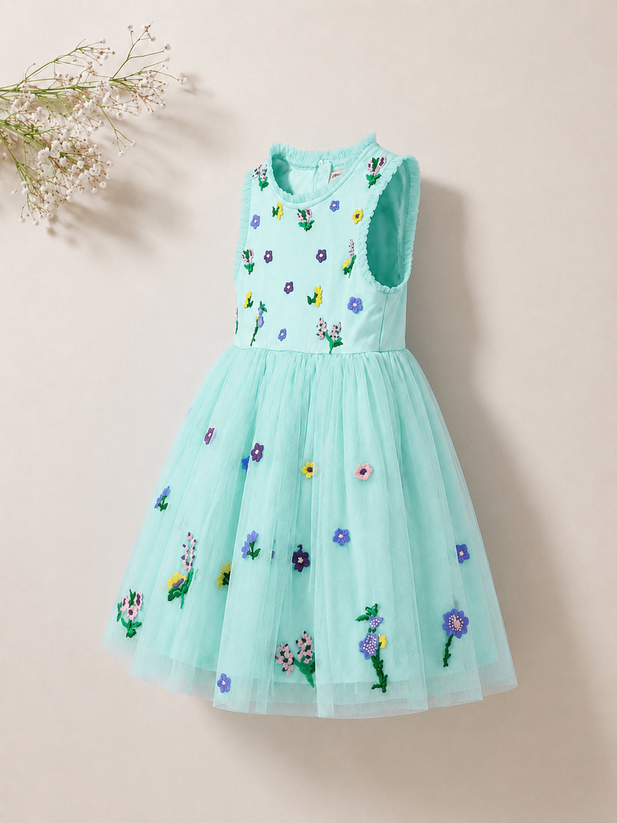 Girls Blue Embroidered Sleeveless Fit & Flare Dress