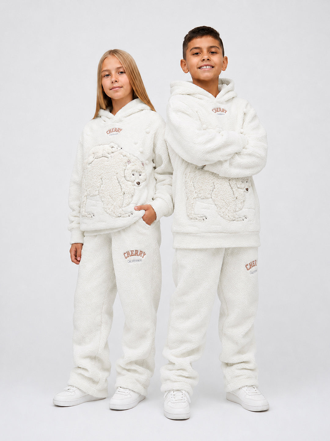 Kids Unisex Off White Teddy Fleece Hoodie & Jogger Set