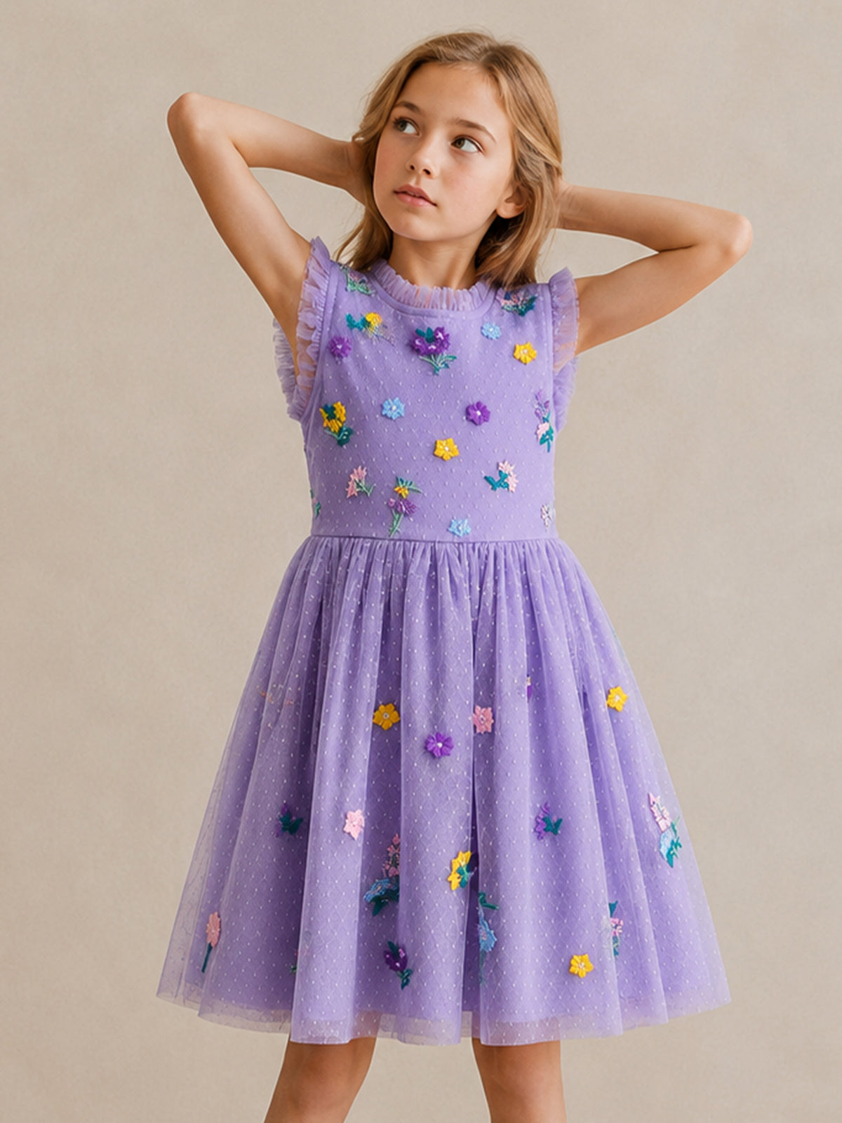 Girls Lavender Floral Embroidered Tulle Party Dress