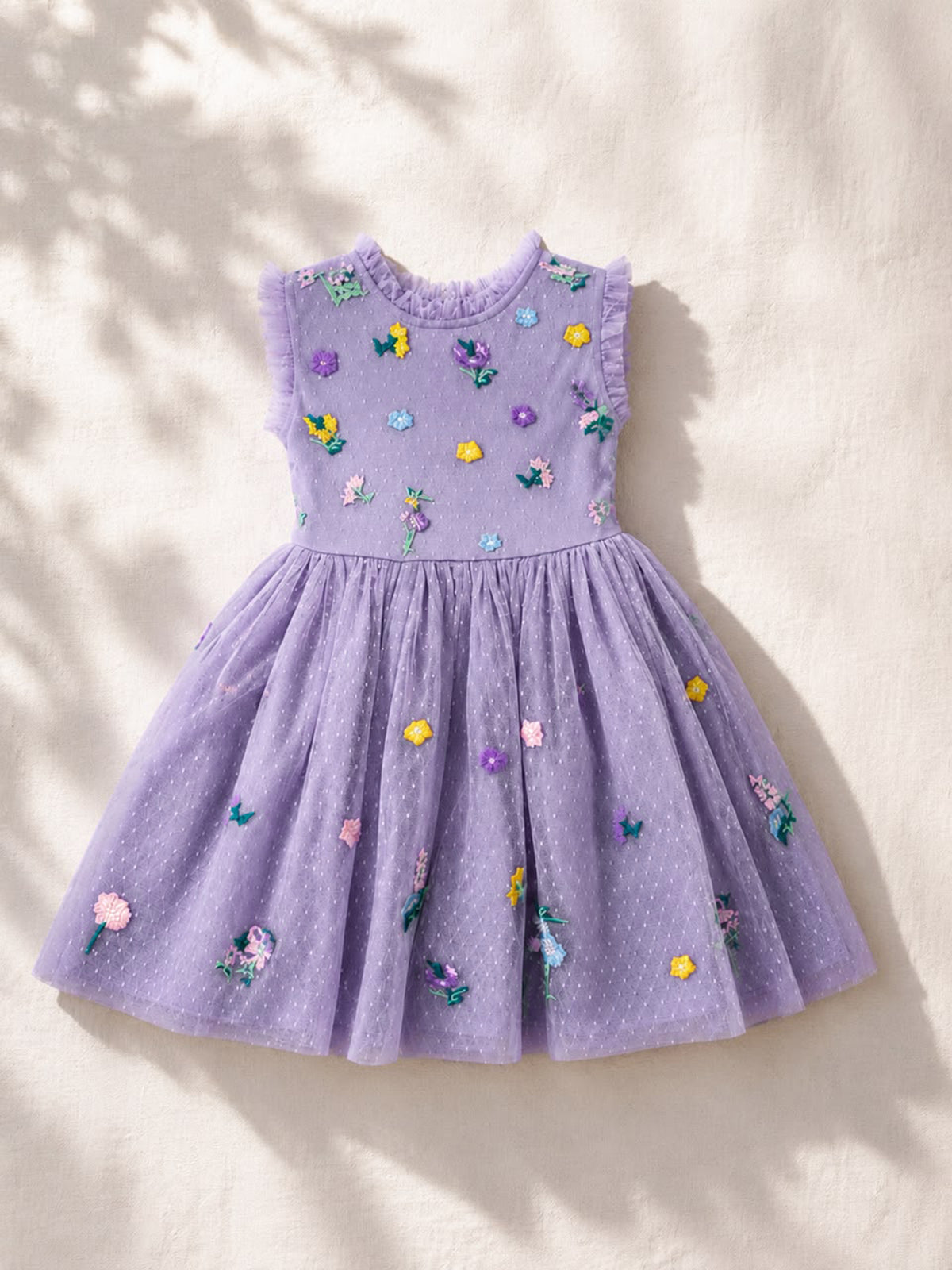 Girls Lavender Floral Embroidered Tulle Party Dress