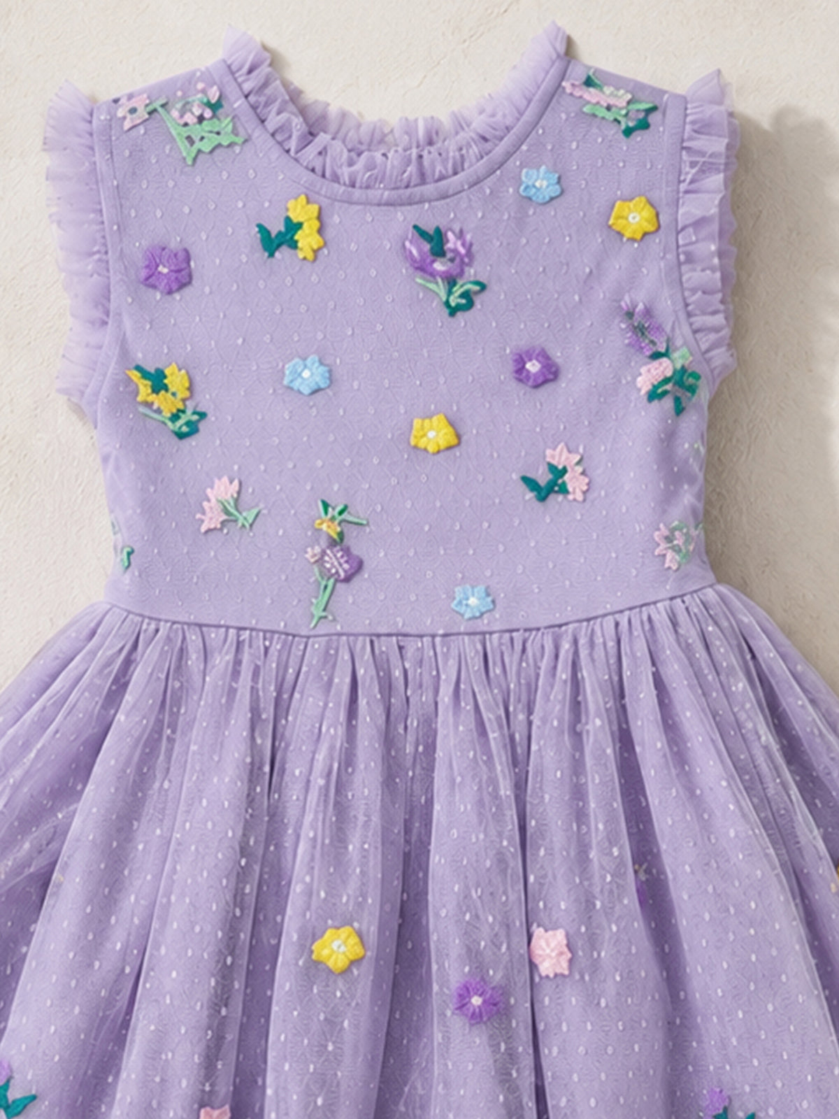 Girls Lavender Floral Embroidered Tulle Party Dress