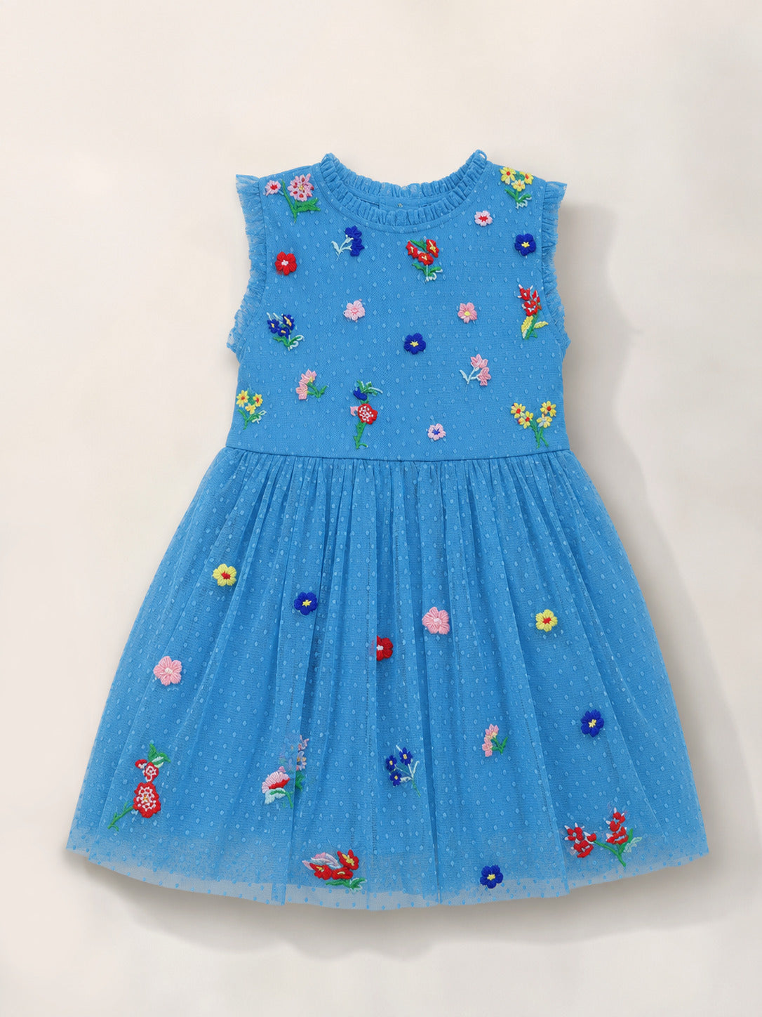 Girls Blue Floral Embroidered Tulle Party Dress