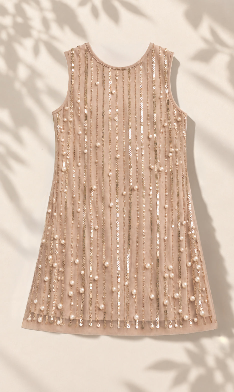 Girls Beige Pearl & Sequin Embellished Party Dress