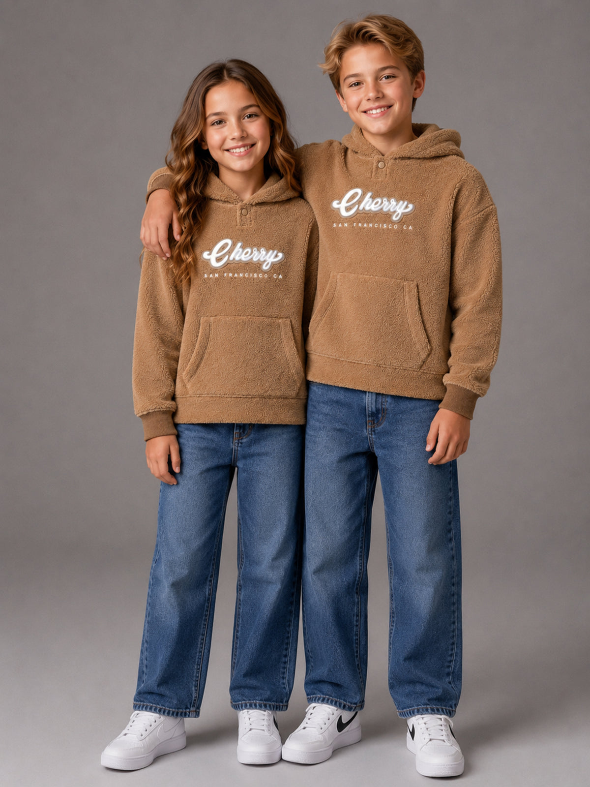 Kids Unisex Camel Teddy Fleece Hooded Sweatjacket
