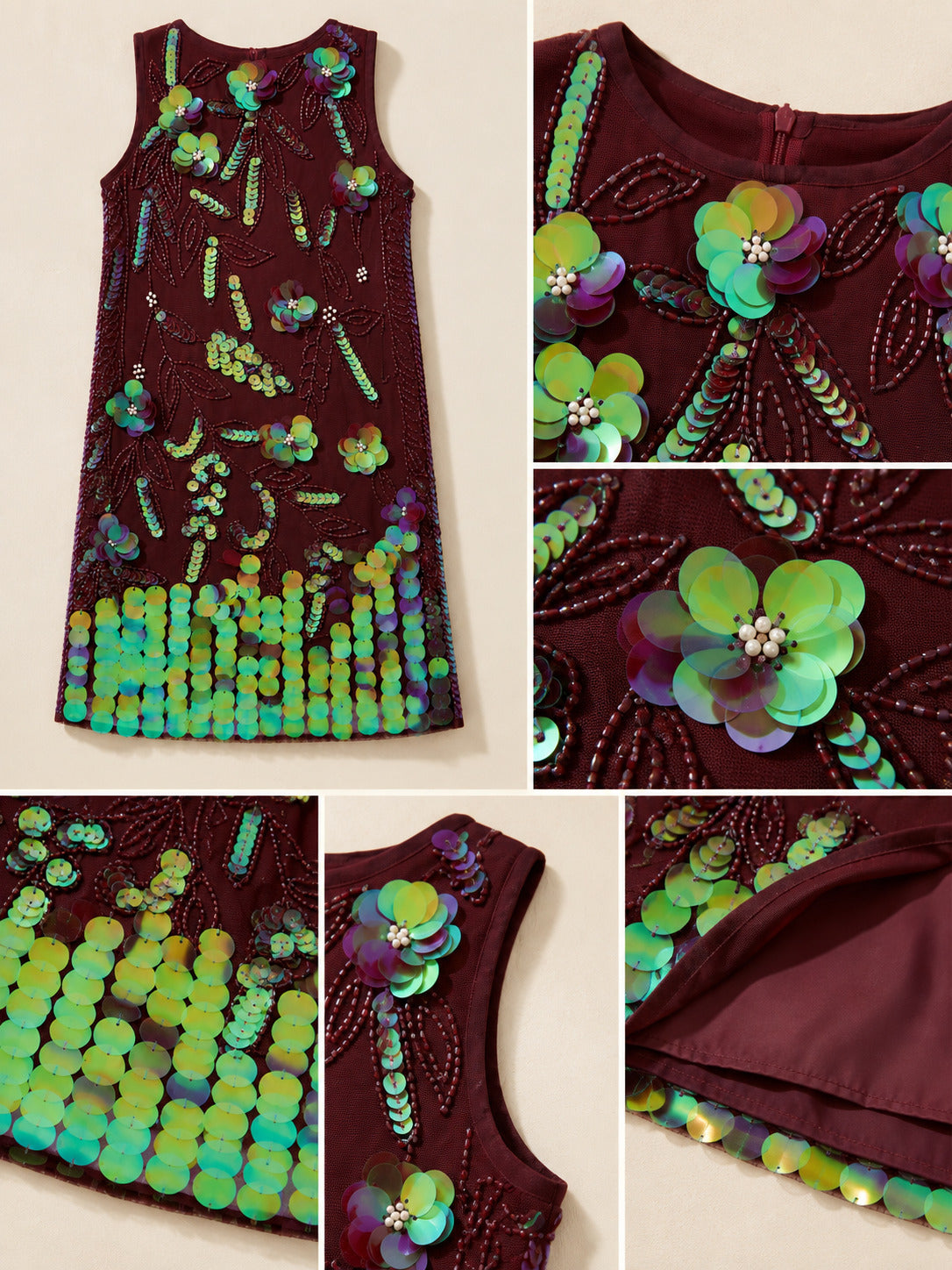Girls Wine Sequin Embellished Party Wear Dress