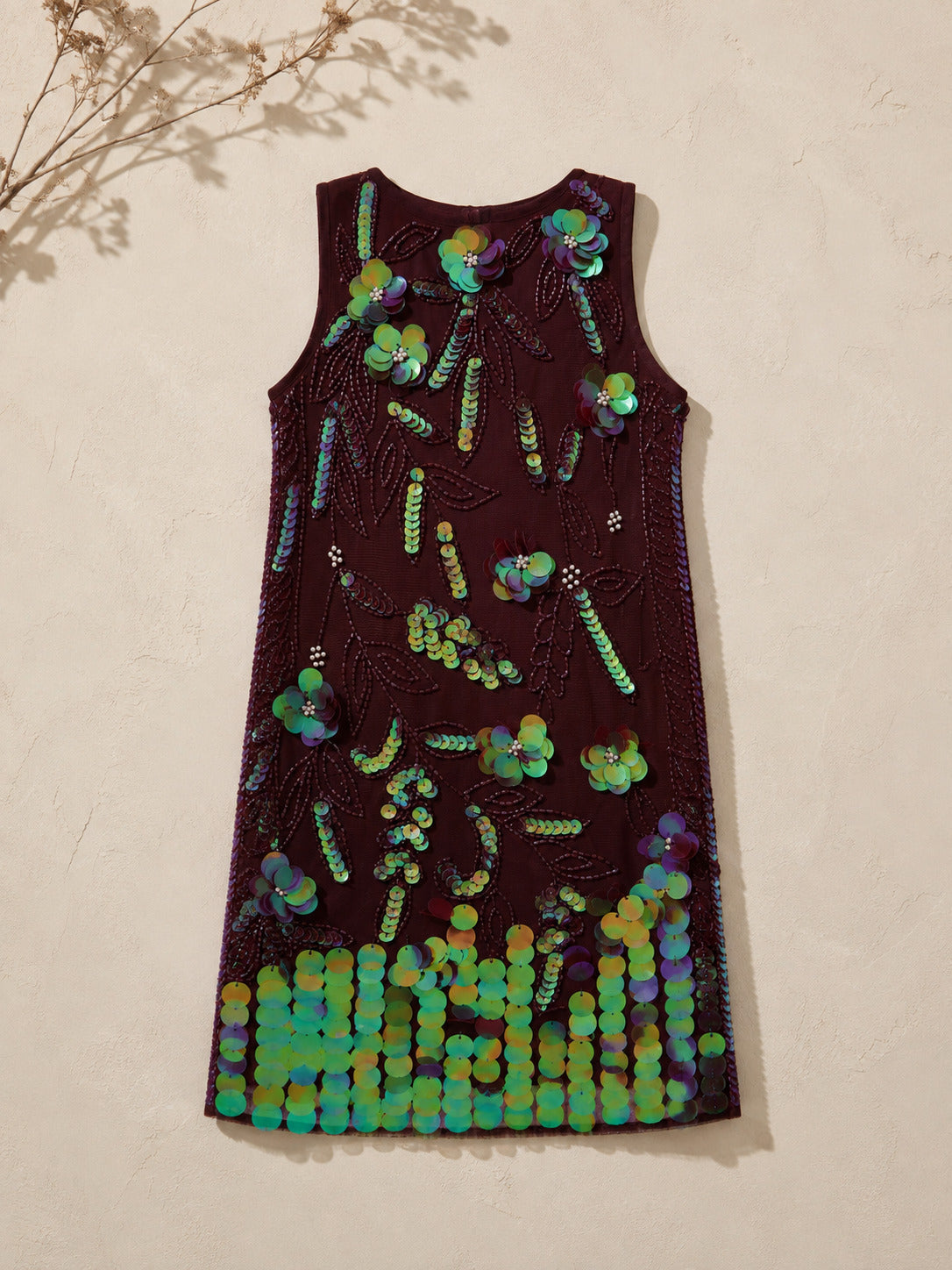 Girls Wine Sequin Embellished Party Wear Dress