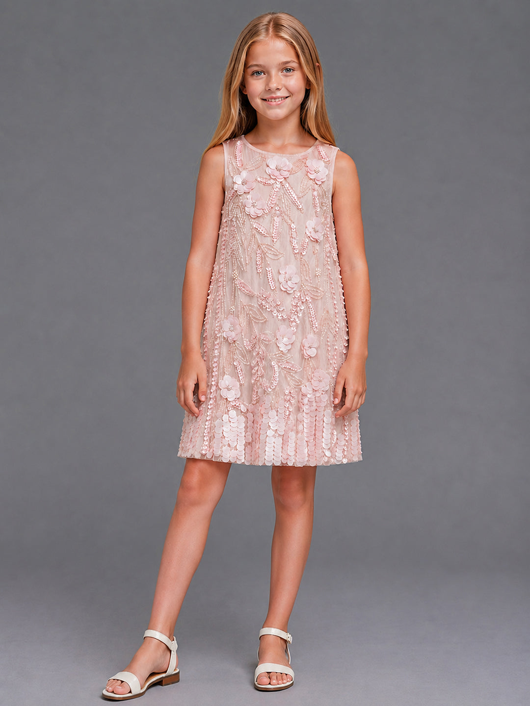 Peach Sequin Embellished Floral Shift Party Dress