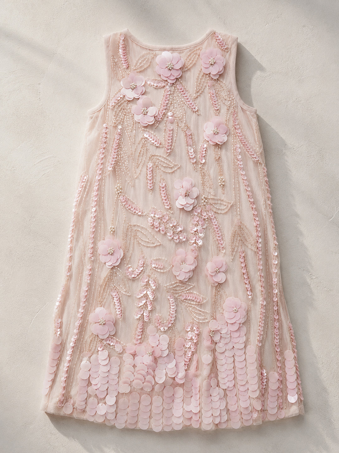 Peach Sequin Embellished Floral Shift Party Dress