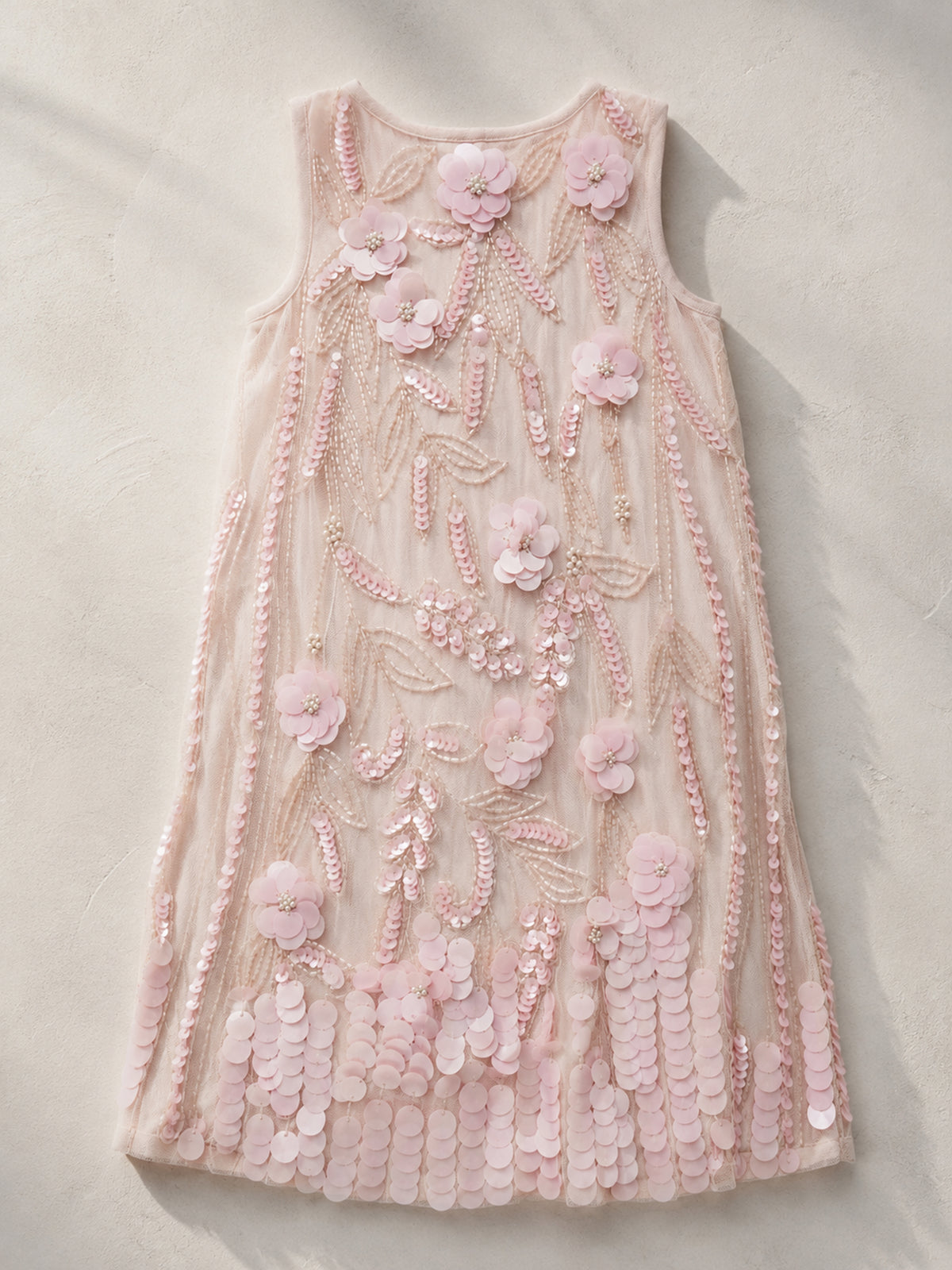 Peach Sequin Embellished Floral Shift Party Dress