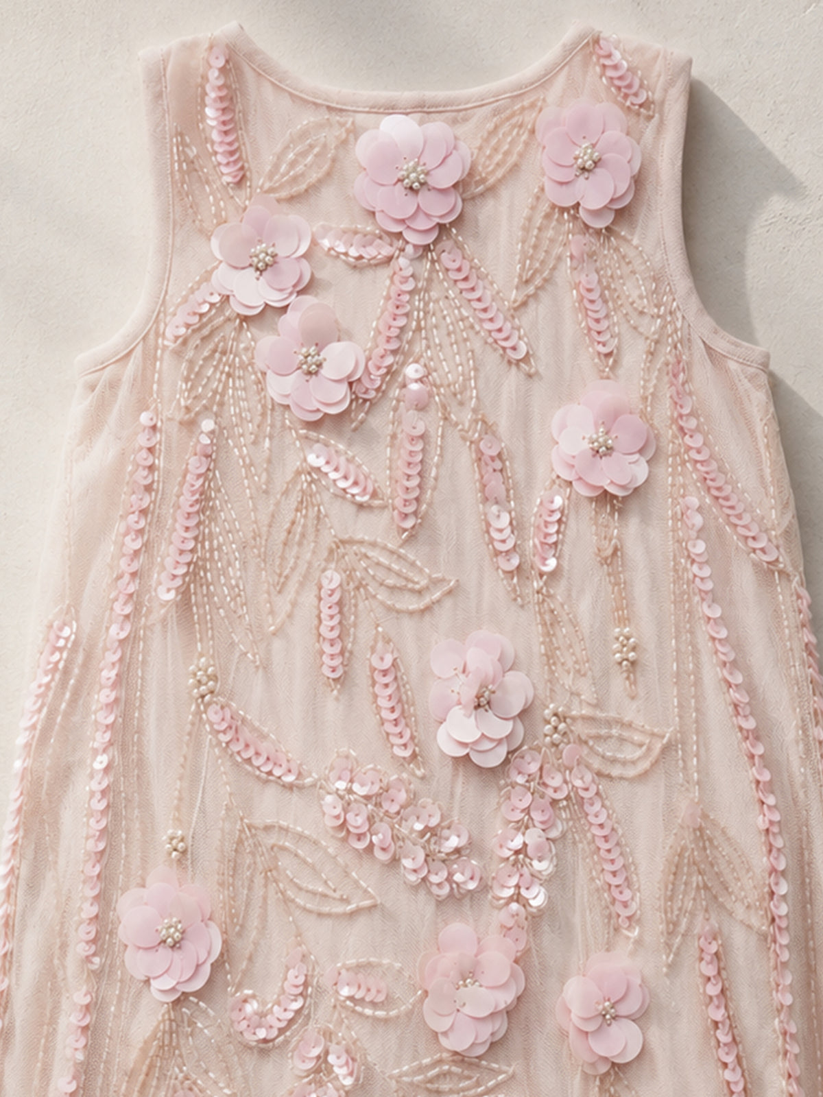 Peach Sequin Embellished Floral Shift Party Dress