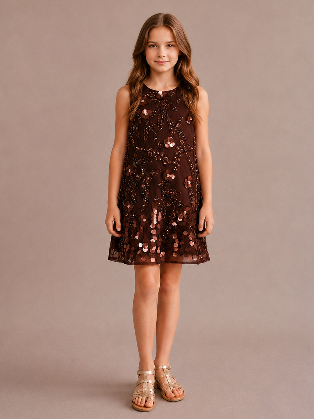 Brown Sequin Embellished Floral Shift Party Dress