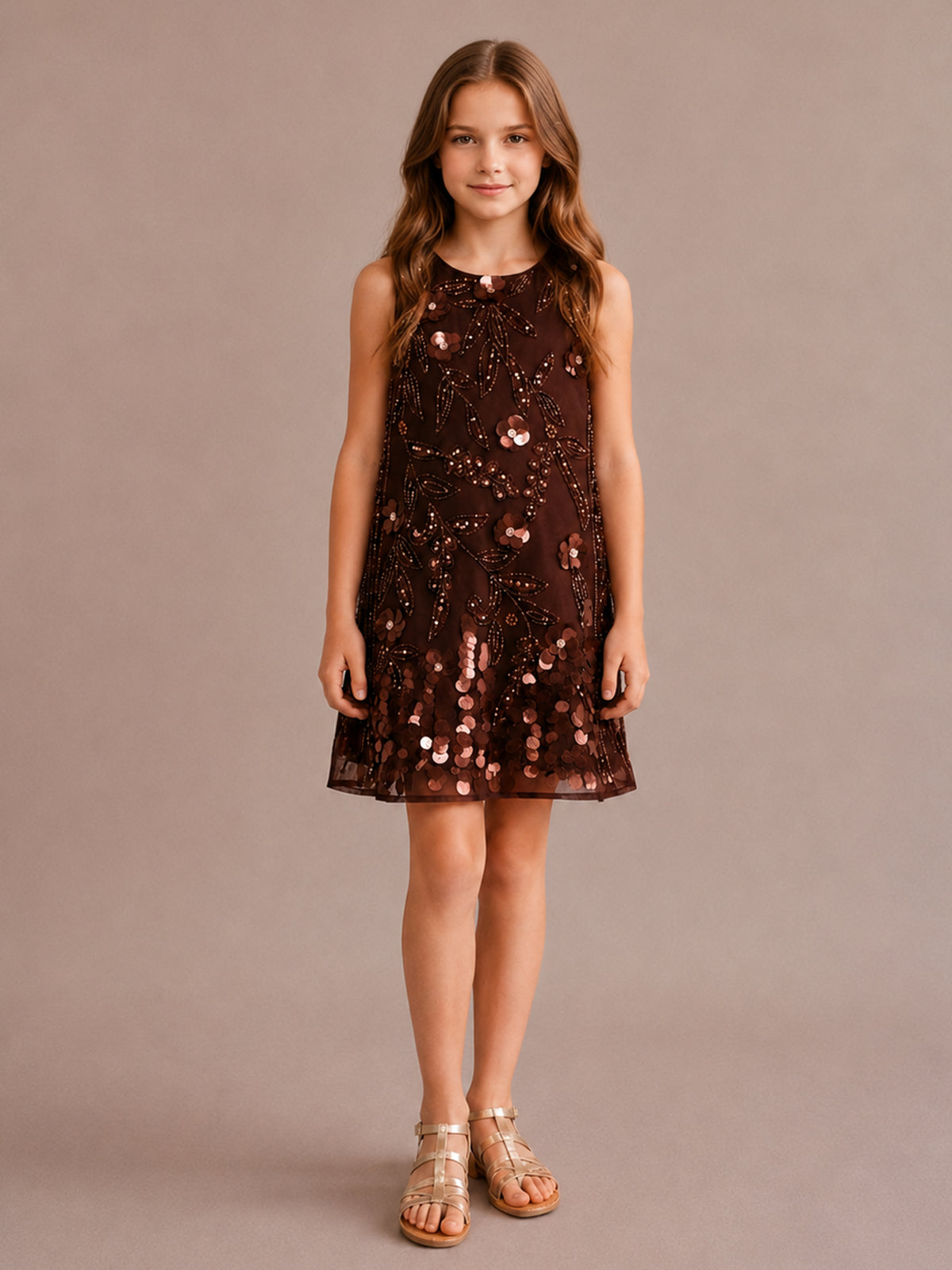 Brown Sequin Embellished Floral Shift Party Dress