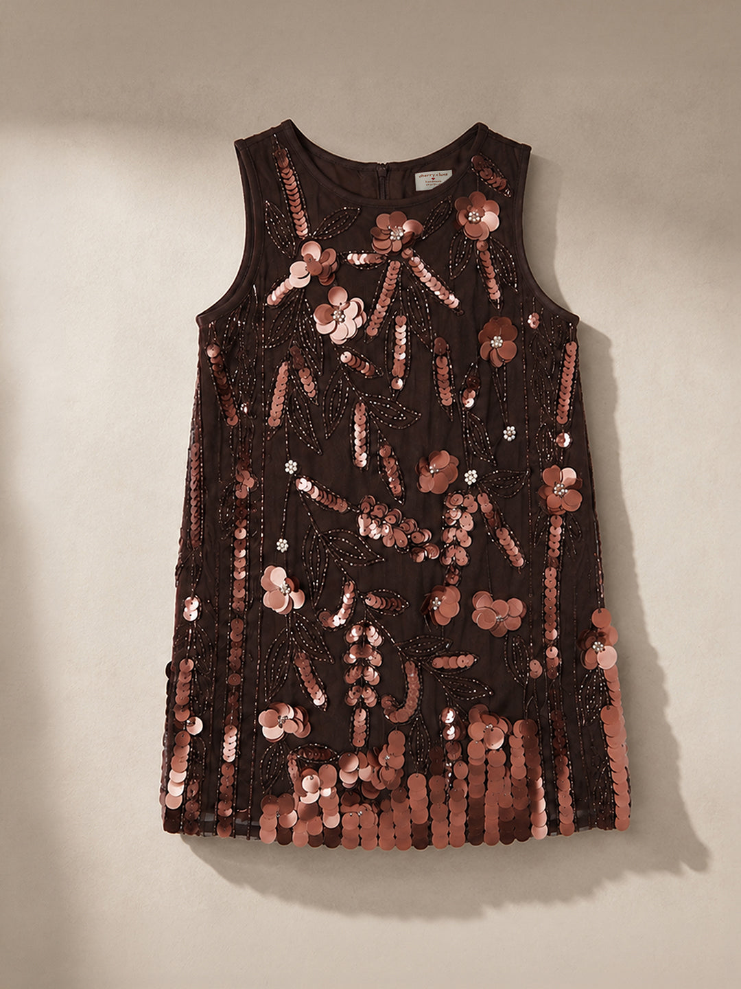 Brown Sequin Embellished Floral Shift Party Dress