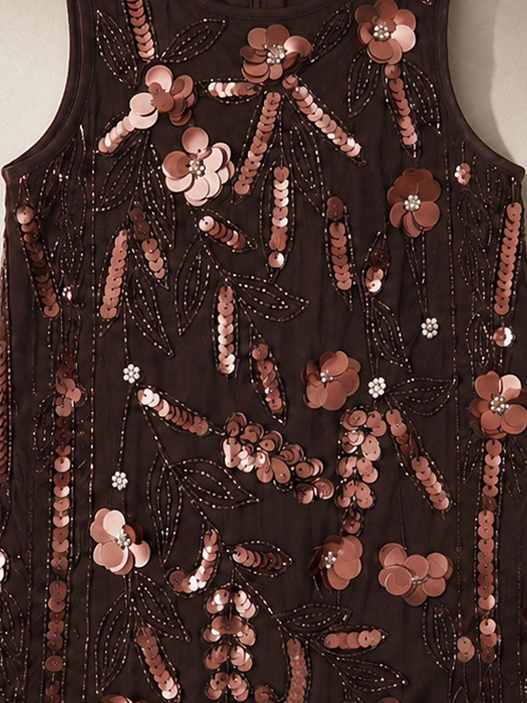 Brown Sequin Embellished Floral Shift Party Dress
