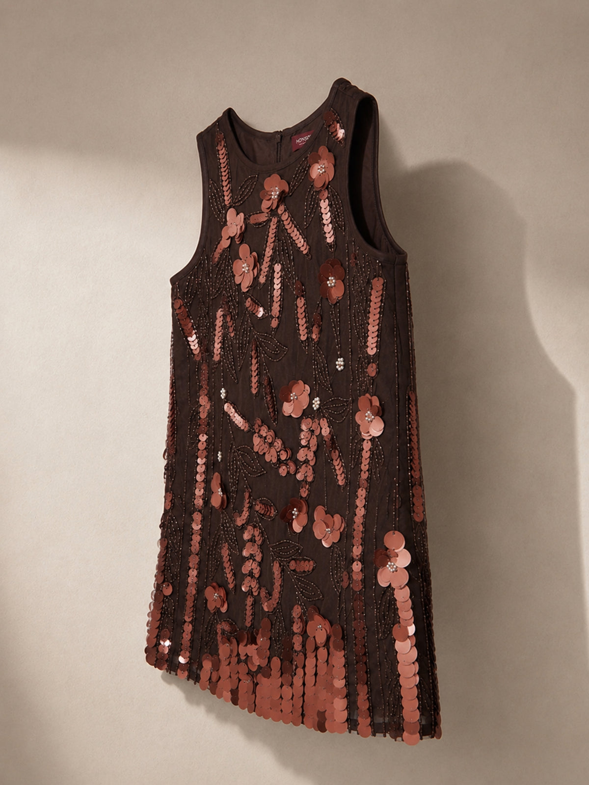Brown Sequin Embellished Floral Shift Party Dress