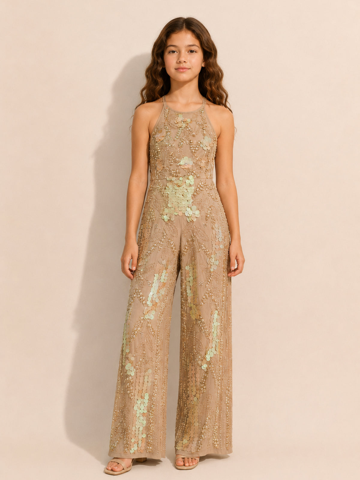 Girls Beige Sequins Embellished Shoulder Strap Party Jumpsuit