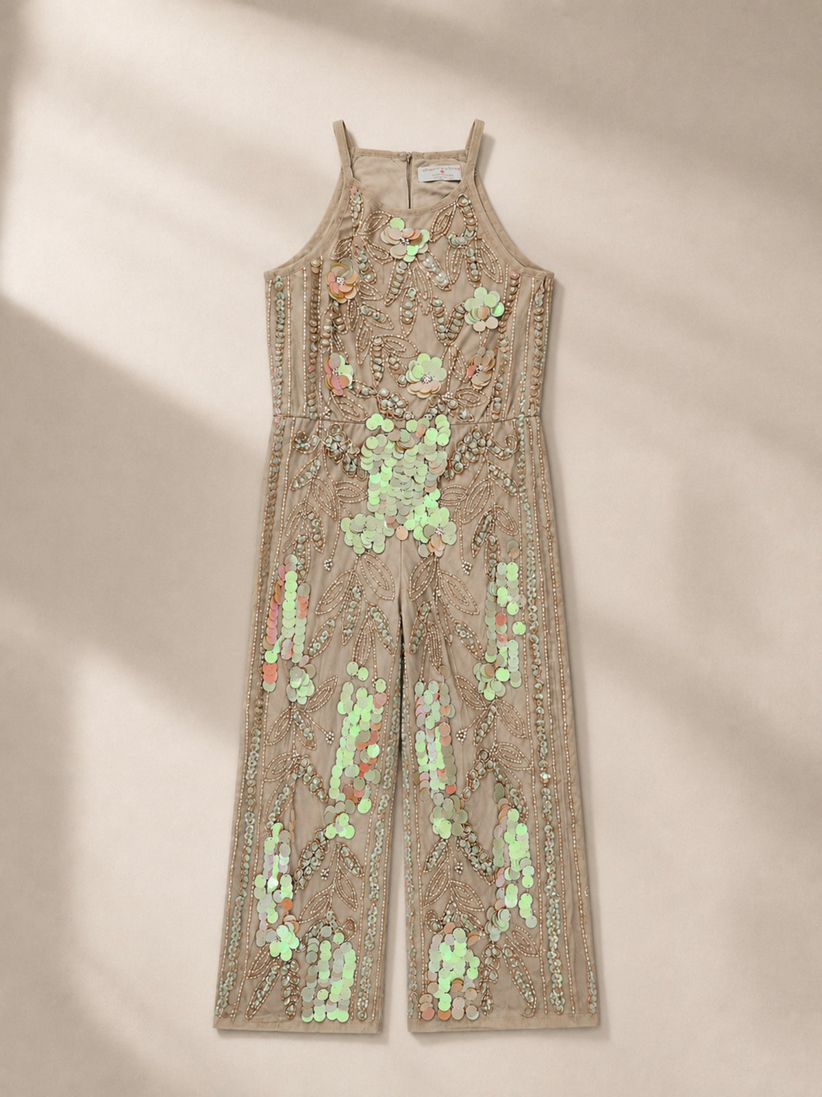 Girls Beige Sequins Embellished Shoulder Strap Party Jumpsuit