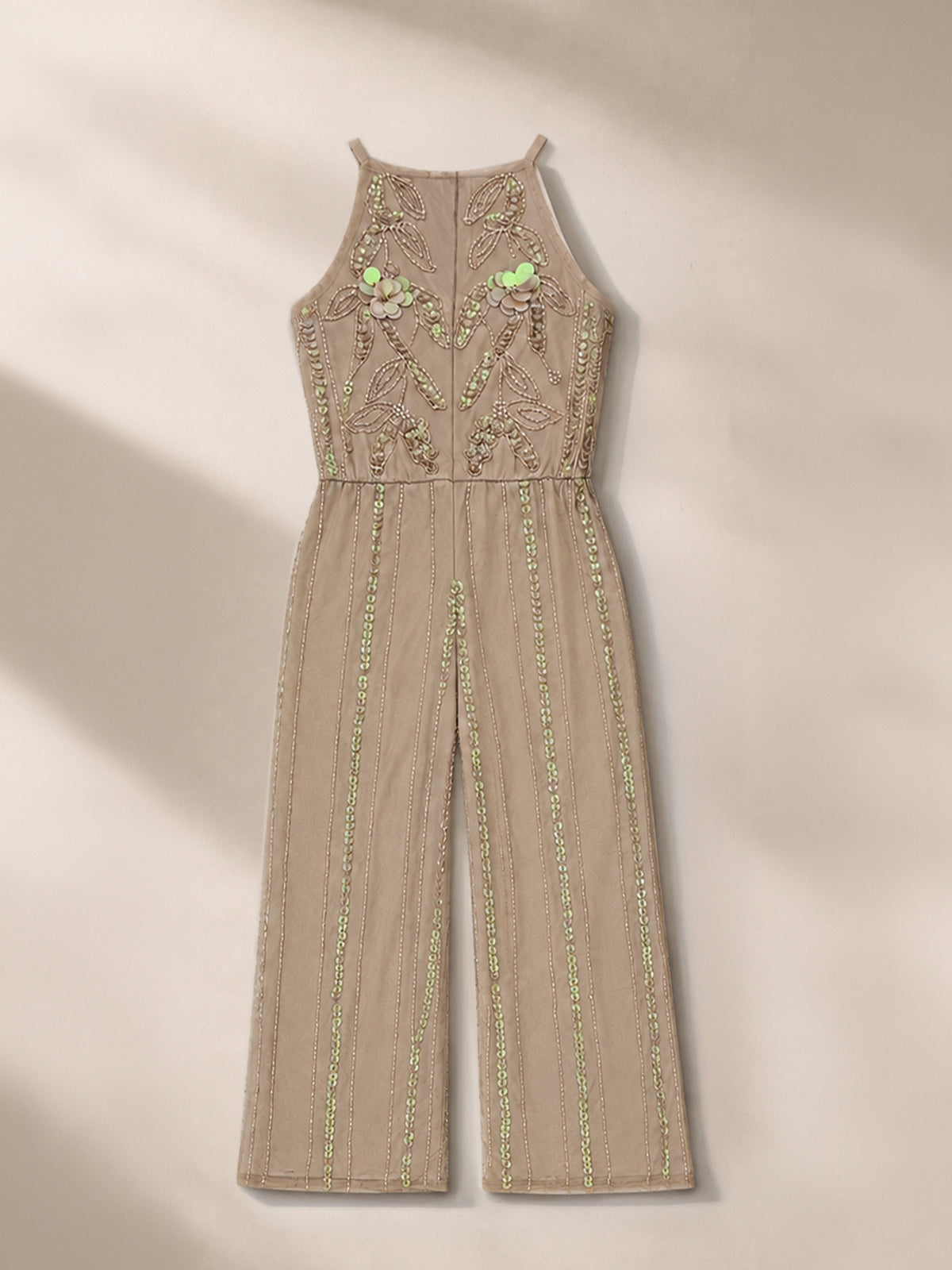 Girls Beige Sequins Embellished Shoulder Strap Party Jumpsuit