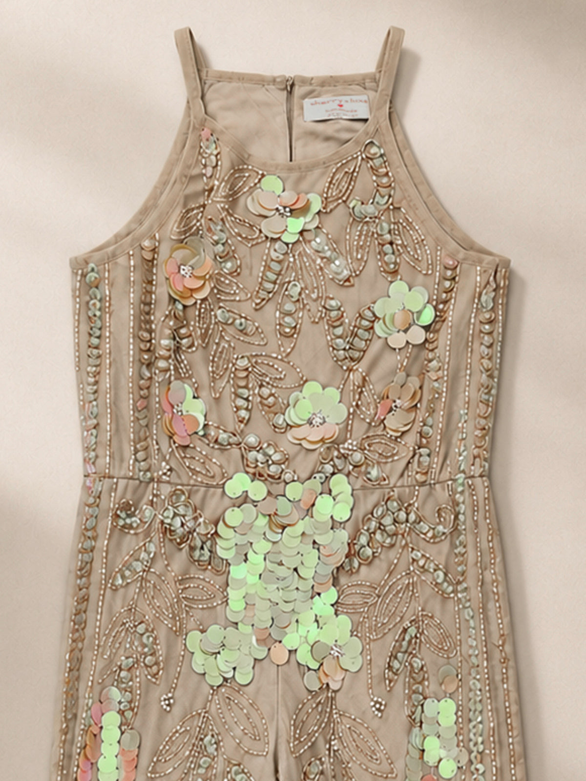 Girls Beige Sequins Embellished Shoulder Strap Party Jumpsuit