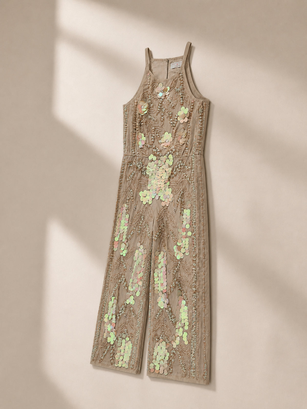 Girls Beige Sequins Embellished Shoulder Strap Party Jumpsuit