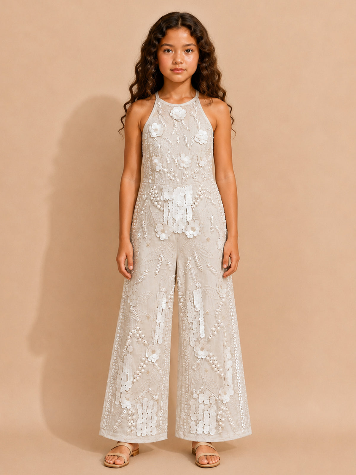 Girls White Sequins Embellished Party Jumpsuit
